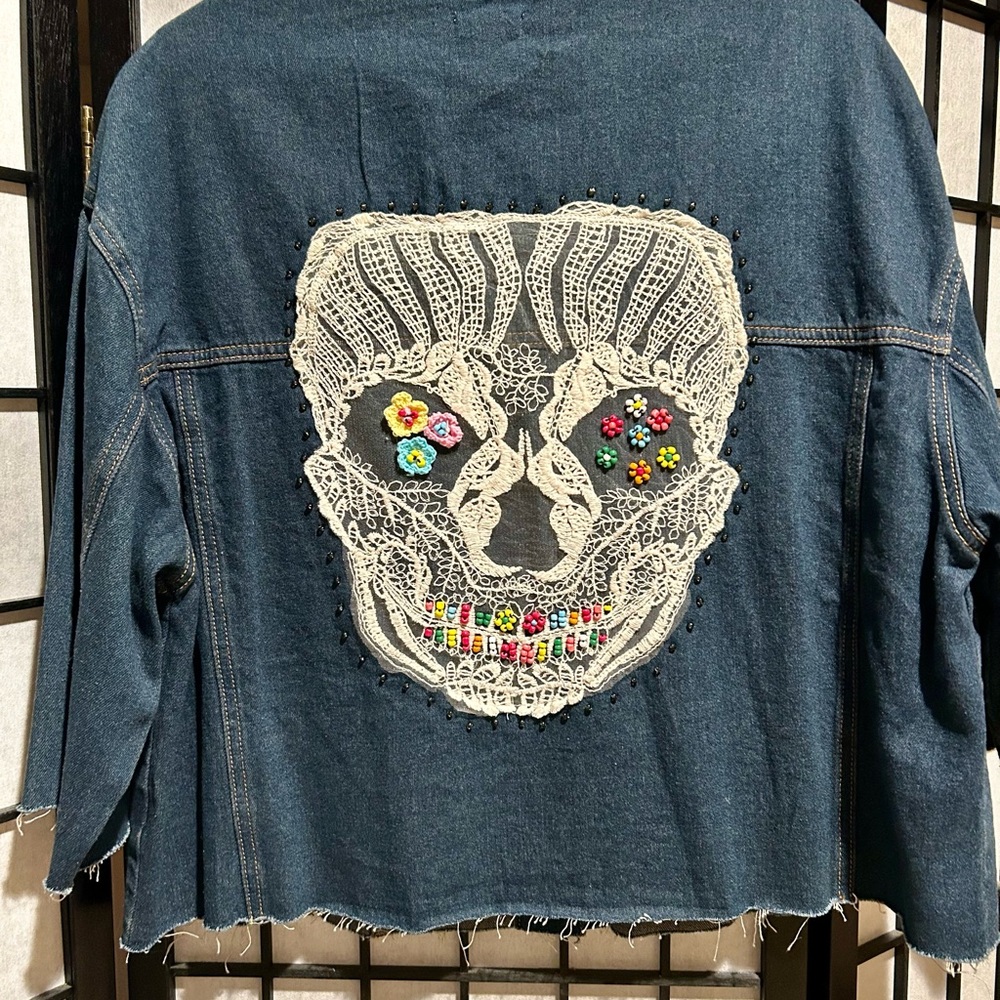 POL Women's Dark Blue Denim Sugar Skull Jacket NWOT